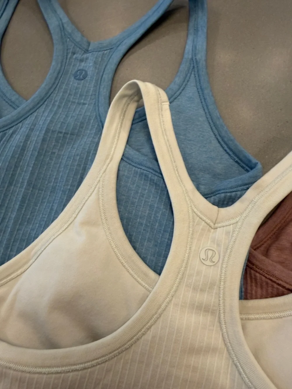 Lululemon (3) Ribbed Racerback Tank Tops - Blue, Mauve, Cream - Picture 3 of 9